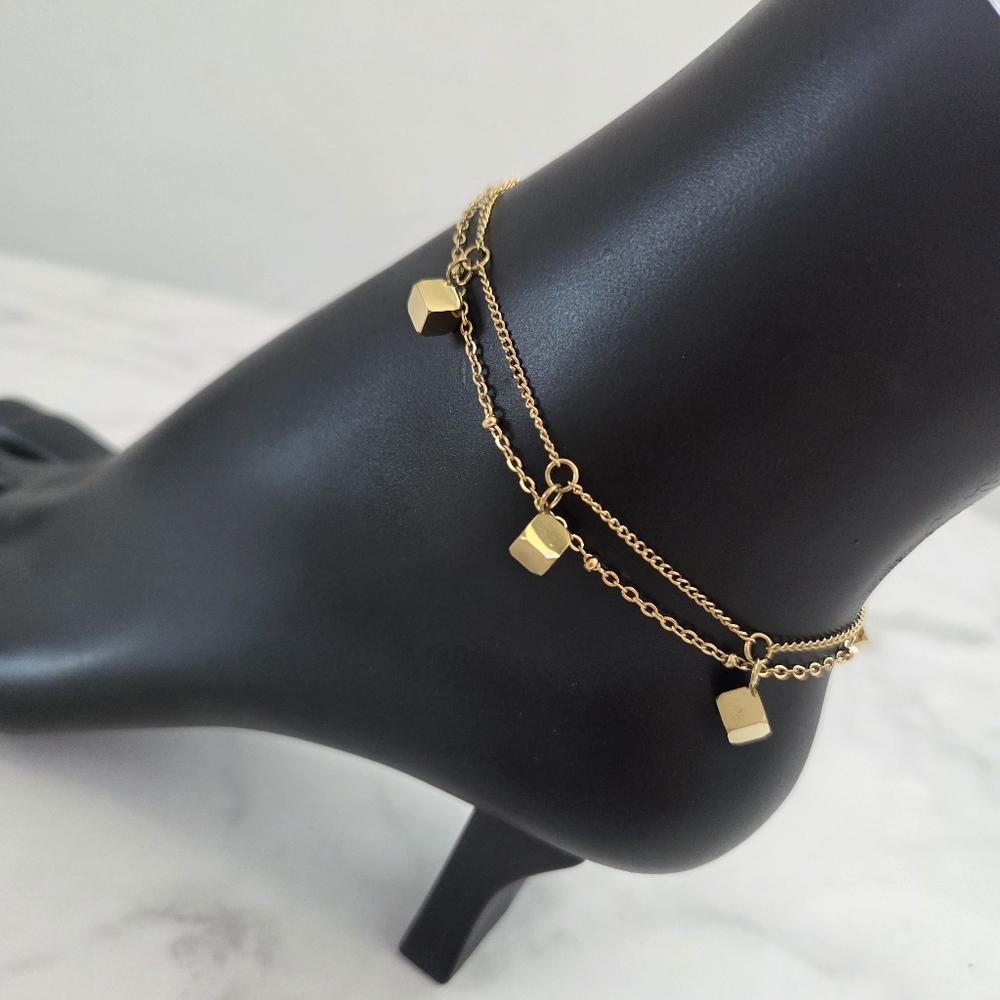 Dainty Gold Cube Charm Anklet Layered Double Strand Foot Bracelet Boho Beach - Picture 5 of 11